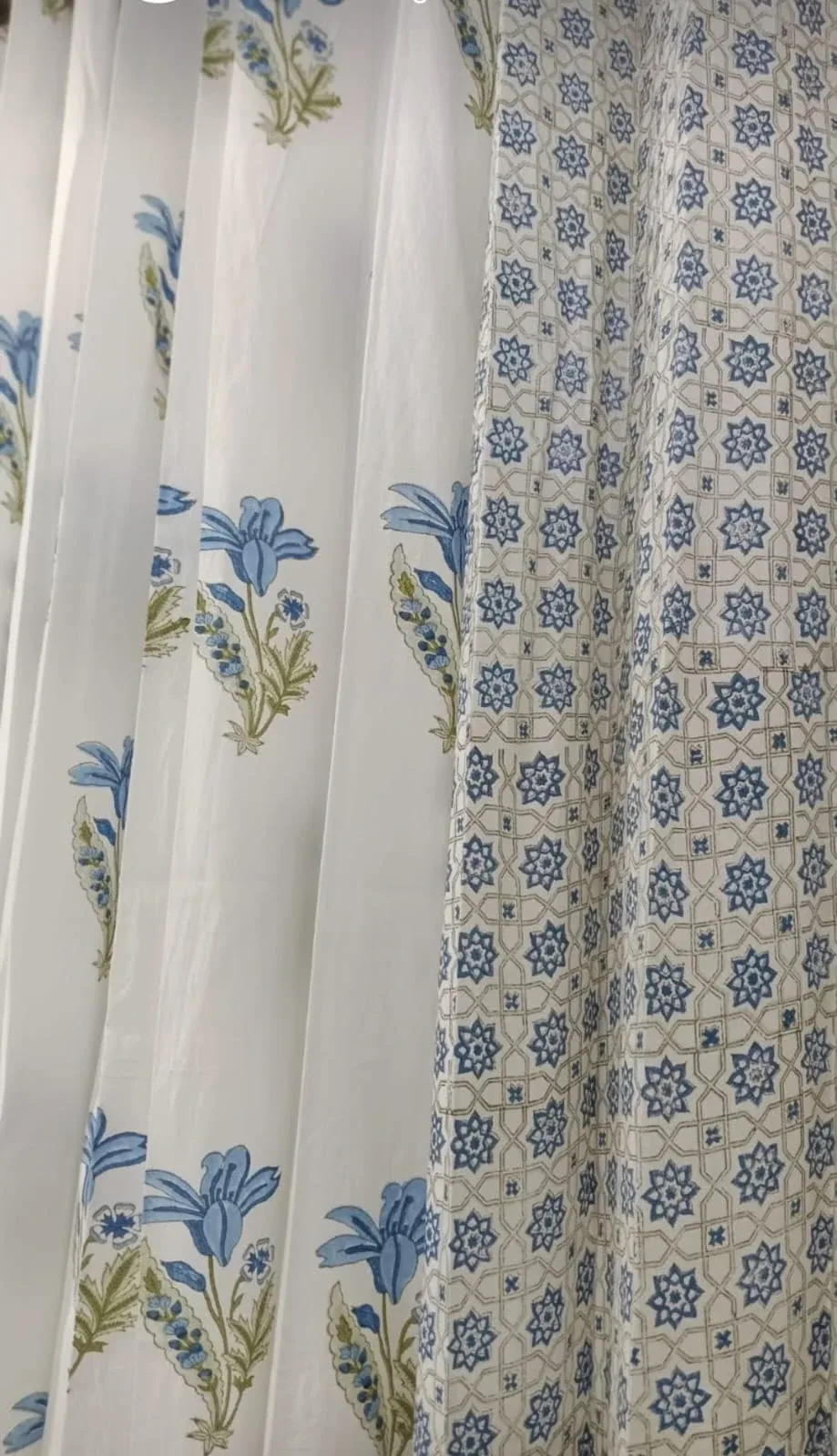Powder Blue Lattice & Cornflower Sprig Coordinated Pure Cotton Curtains original product photograph