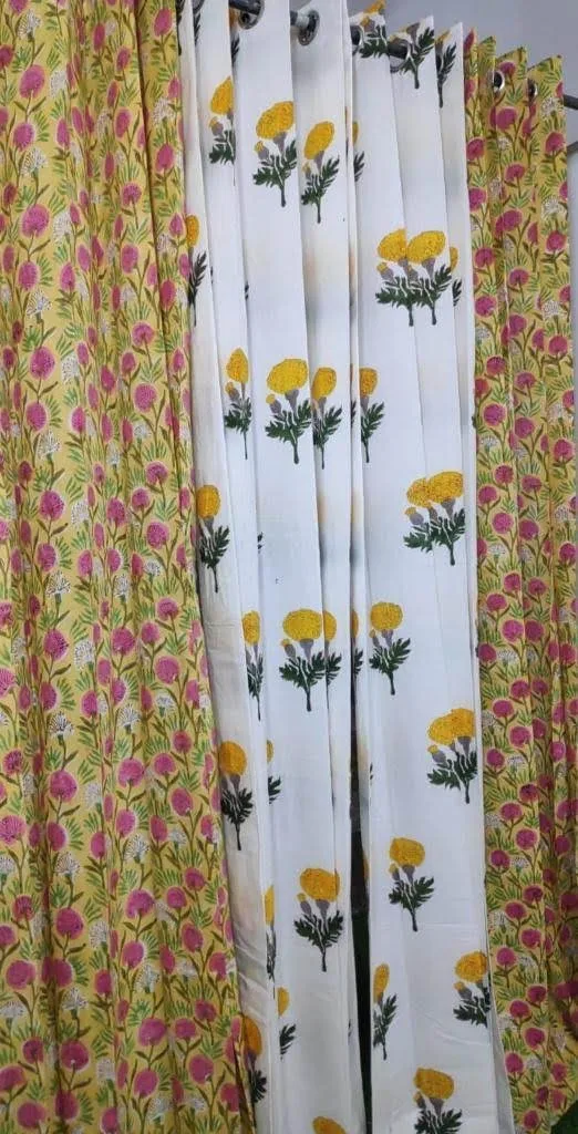 Mustard Pink Meadow & Marigold Pure Cotton Curtains original product photograph