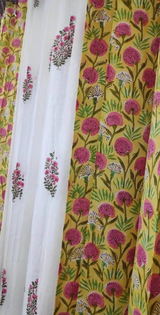 Mustard Pink Pom-Pom & Rose Sprig Pure Cotton Curtains original product photograph