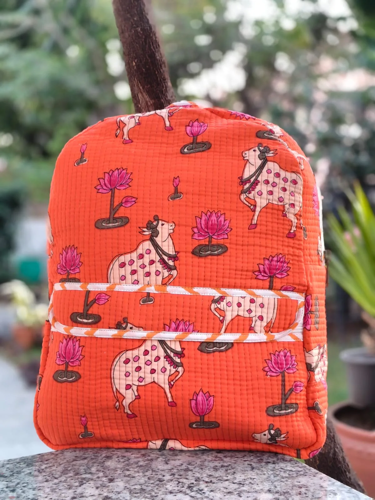 Coral Lotus Cow Quilted Kids Backpack original product photograph