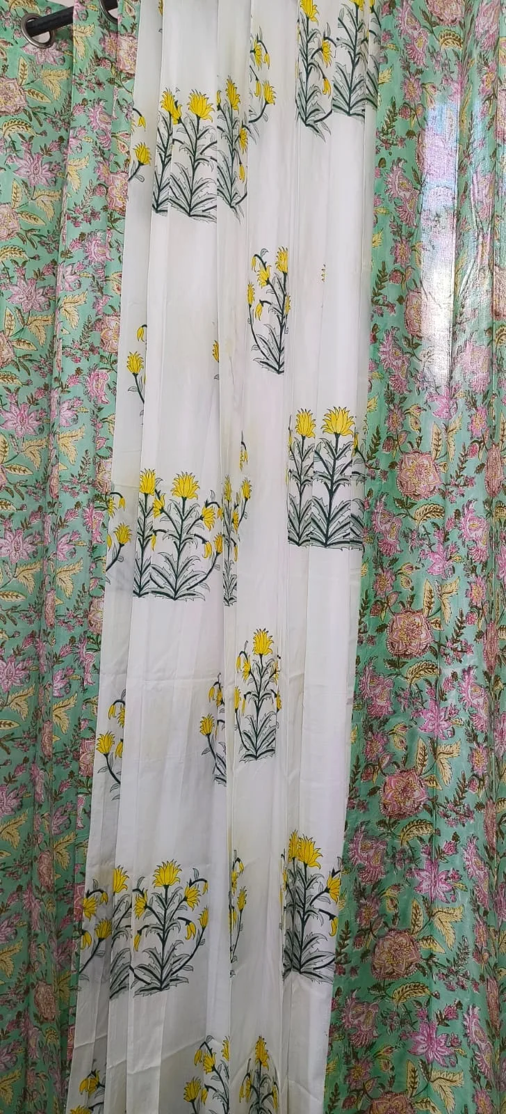 Aqua Floral Jaal & Mustard Daisy Cluster Pure Cotton Curtains original product photograph
