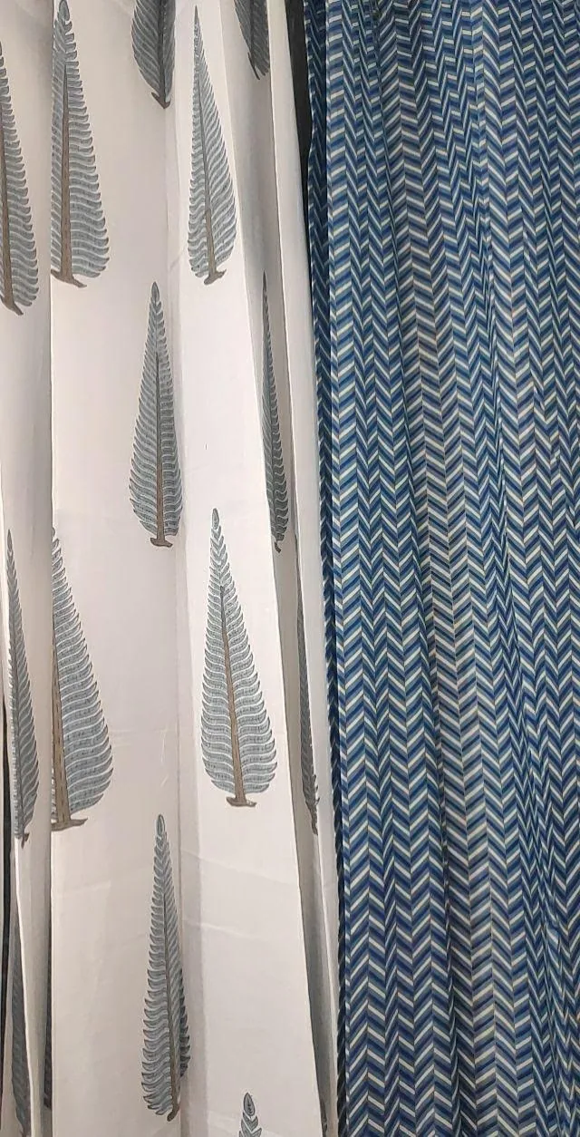 Indigo Herringbone & Botanical Pure Cotton Curtains original product photograph